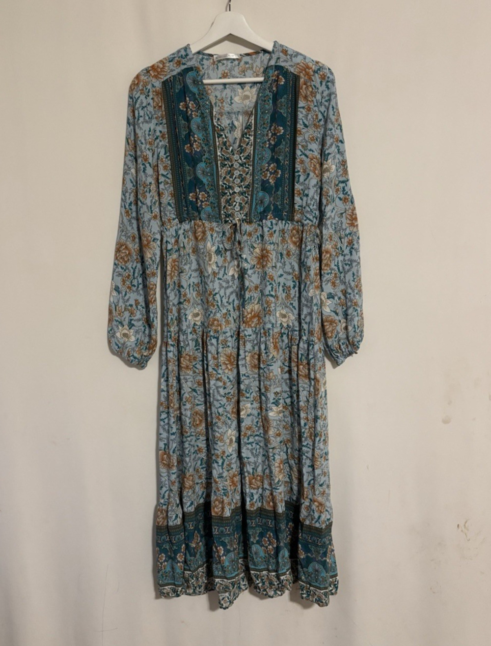 R. Vivimos Dress Large Green Floral Bohemian Maxi Aline